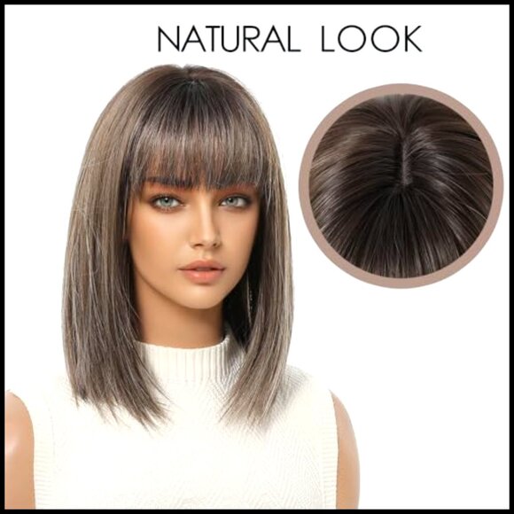 Synthetic Bob Wig with Bangs Shoulder Length Straight Layered Daily Wear